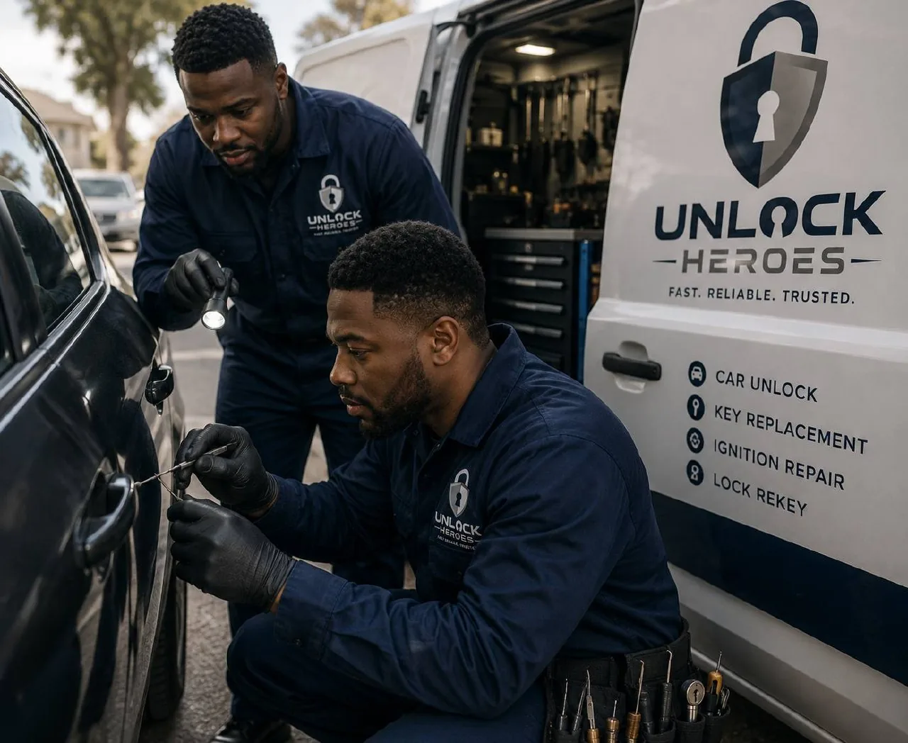 Unlock Heroes technician opening a locked vehicle beside the branded response van