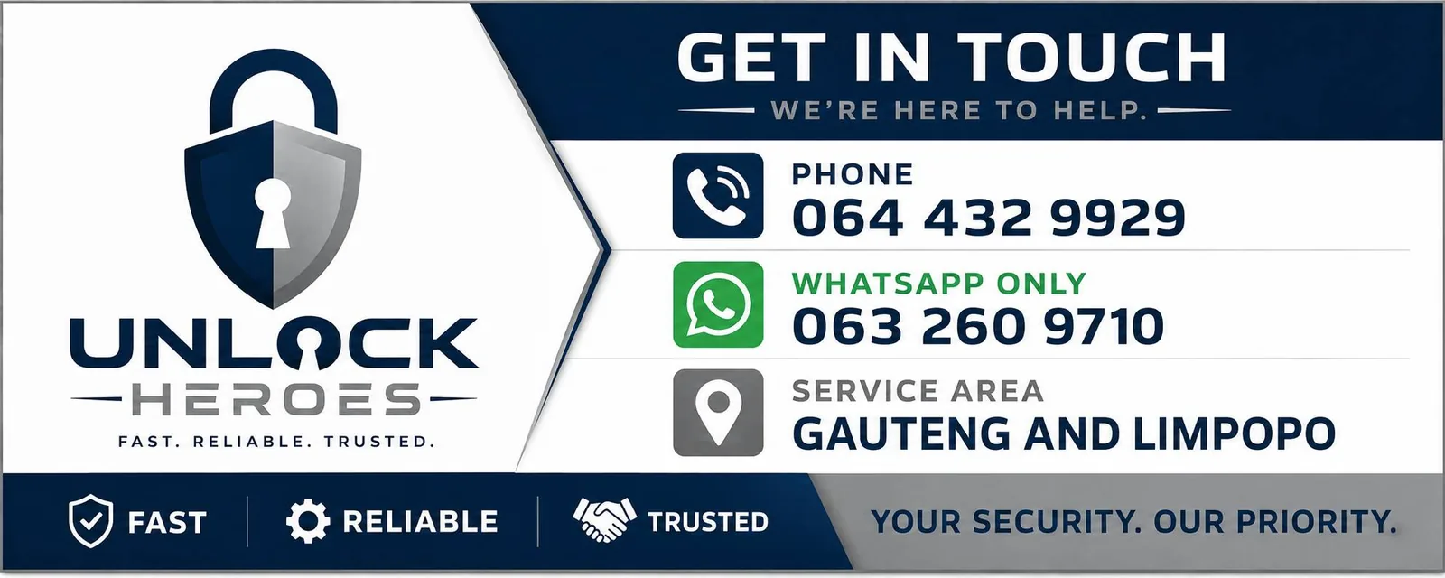 Unlock Heroes contact details — phone 064 432 9929, WhatsApp 063 260 9710, service area Gauteng & Limpopo