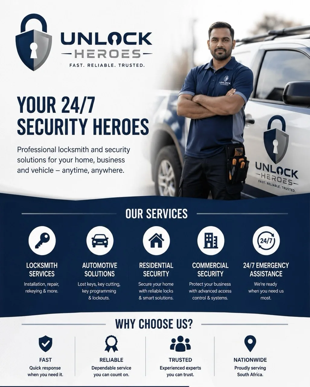 Unlock Heroes service overview — locksmith services, automotive solutions, residential security, commercial security and 24/7 emergency assistance