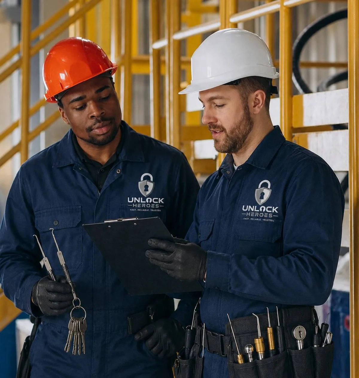 Unlock Heroes locksmith technicians in branded uniform checking a job sheet on site